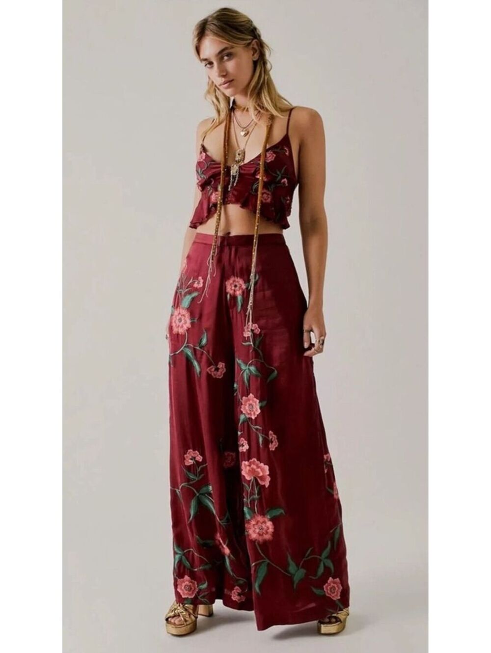 (SIZE 8, W14) NWOT FREE PEOPLE X ANNA SUI POPPY EMBROIDERED FLORAL PANTS